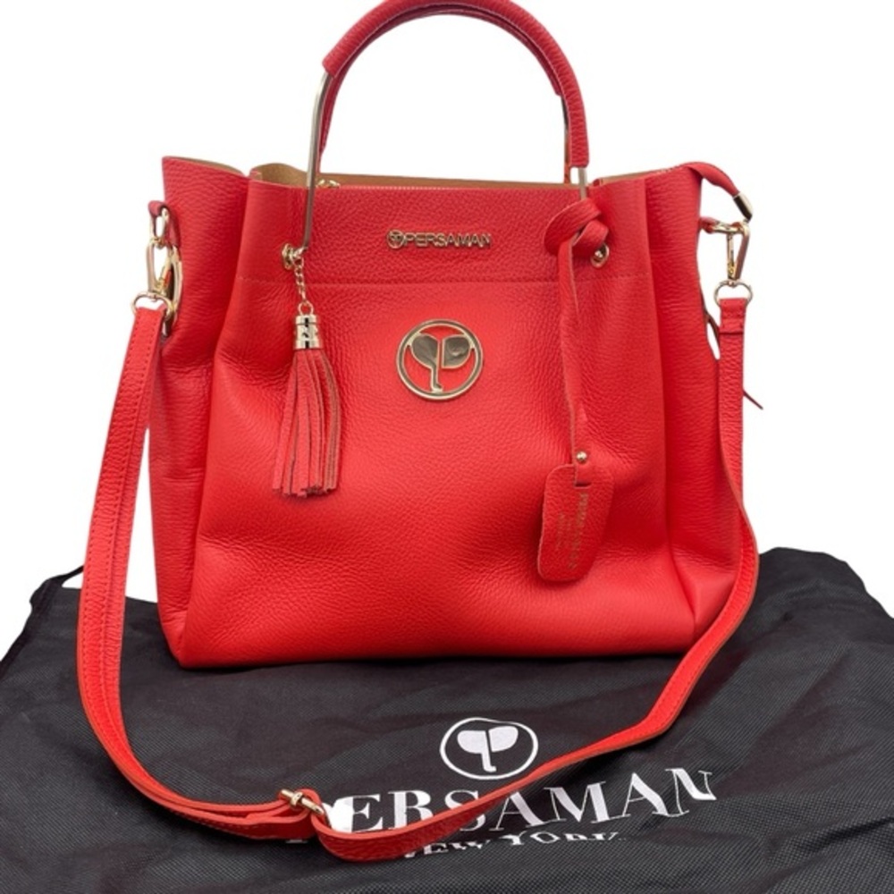 Persaman Coral Pebbled Leather Satchel Bag with Tassel & Crossbody Strap Luxury